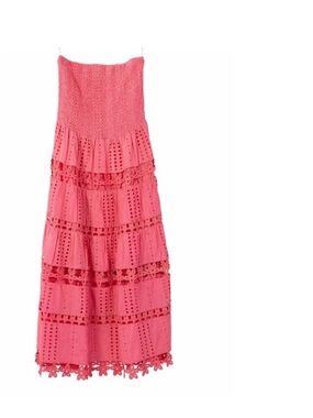 Simply Southern  Schiffli- Bloom Coral Pink Strapless Eyelet Tiered Maxi